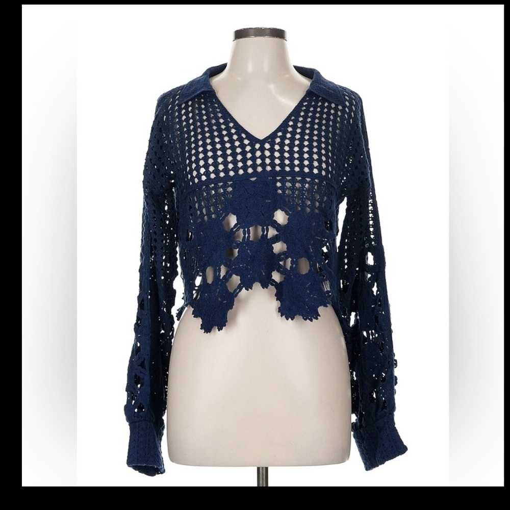Anthropologie Eyelet Crochet Top in Navy, layering, festival boho layer - Picture 3 of 8